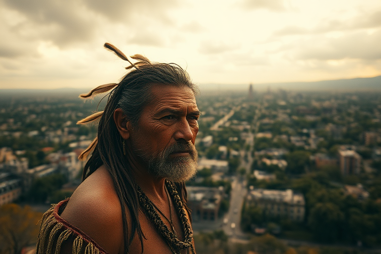 A weathered Native American man with copper skin, rugged features, and a resolute expression stands amidst a desolate post-apocalyptic landscape of a city downtown covered by vegetation under a foreboding, overcast sky, reminiscent of a Terrence Malick film, with warm golden hour hues. A wide-angle lens (1.2) captures the vast expanse, with subtle film grain and a muted color palette. Soft, diffused light scatters from the left, with a subtle gradient of warm tones, evoking a sense of melancholy and introspection.