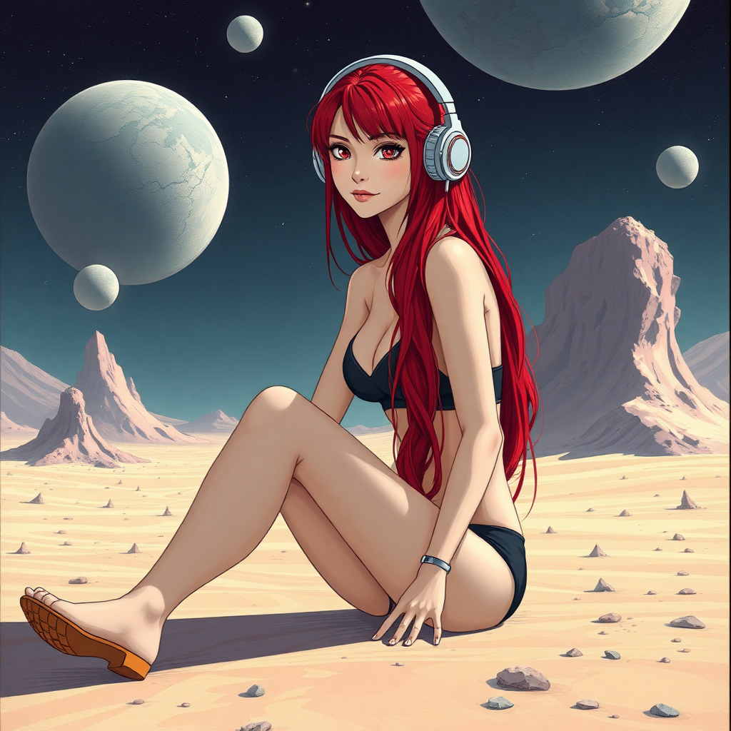 Pretty woman with long red hair, sitting on the ground with headphones on an alien planet.