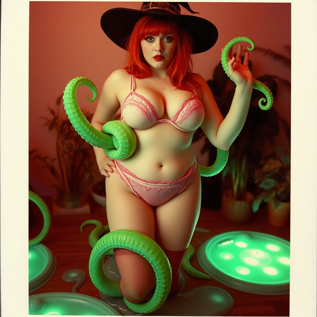 An old polaroid photo with a color tint to the photograph and visible light leaks. The photo depicts a sexy alt goth girl with pale skin and red hair. She has a plump booty. She has large breasts with ample cleavage and she is wearing a skimpy thong. The fabric of her thong is skimpy and pink and white and barely covers her and her bra is translucent and pink and white. She is in a photography studio with artistic lighting and plants are all around her. She is wearing a witch hat. She is surrounded by glowing translucent green tentacles coming out of magic bright glowing pools of water on the floor, wrapped around her arms and legs. She is straddling a green tentacle between her legs.