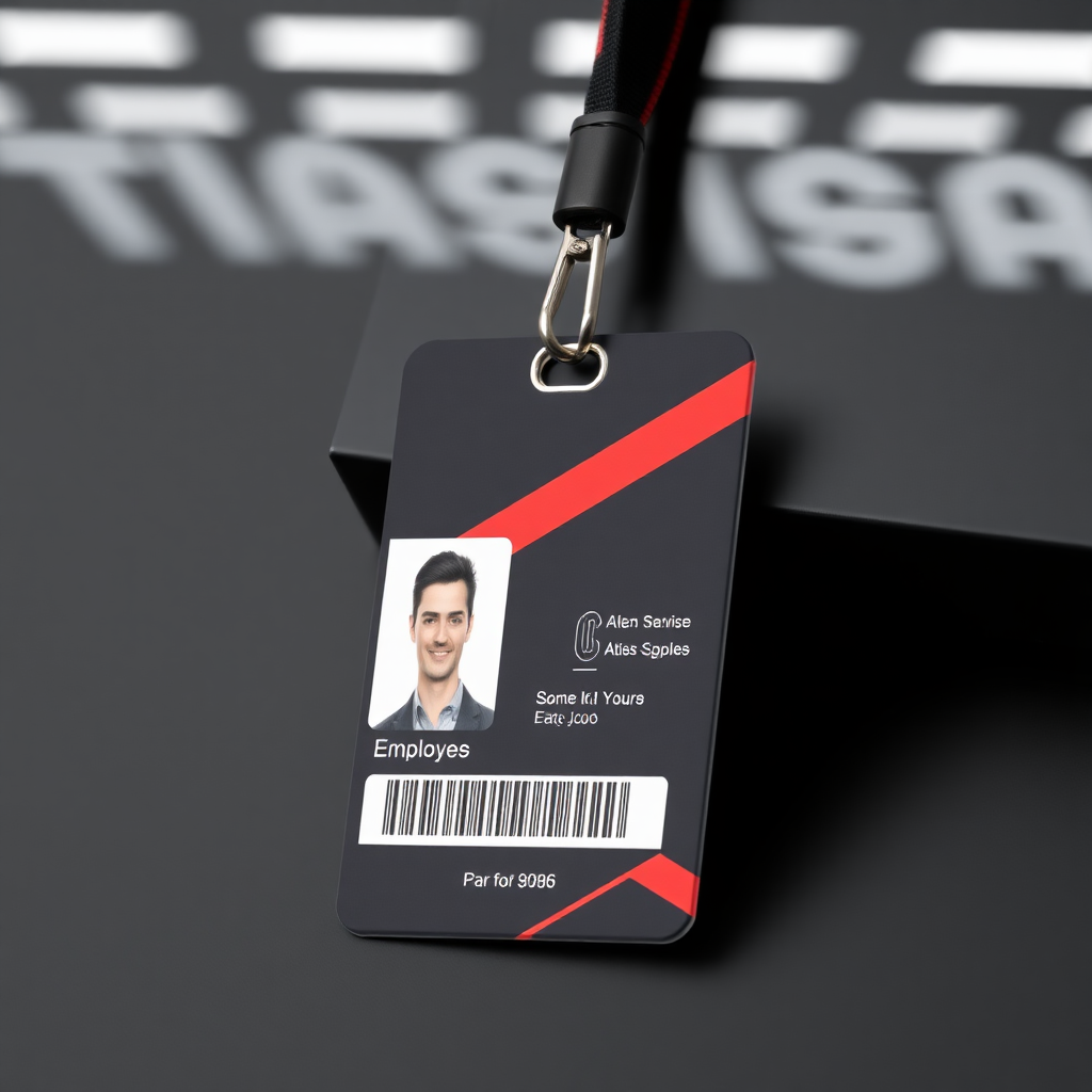 employee id card for IT company, professional themed, red and black dominant color