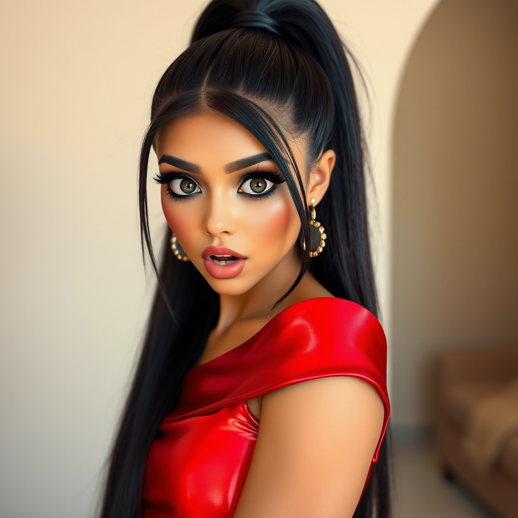 surprised Arabian girl with mouth open. She has very large eyes, black eyeshadow, black eyeliner, fake eyelashes, very tanned skin, very long hair. very high ponytail, red off shoulder shinny crop top. photo realistic, long straight black hair. crop top, pencil skirt, micro skirt, long legs.