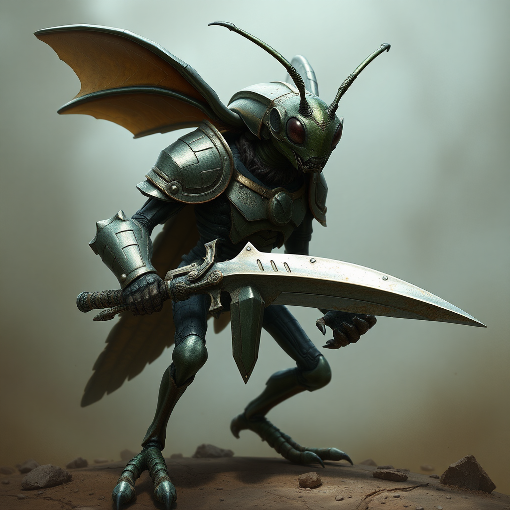 A bipedal insect alien, armoured, sword and shield, realistic