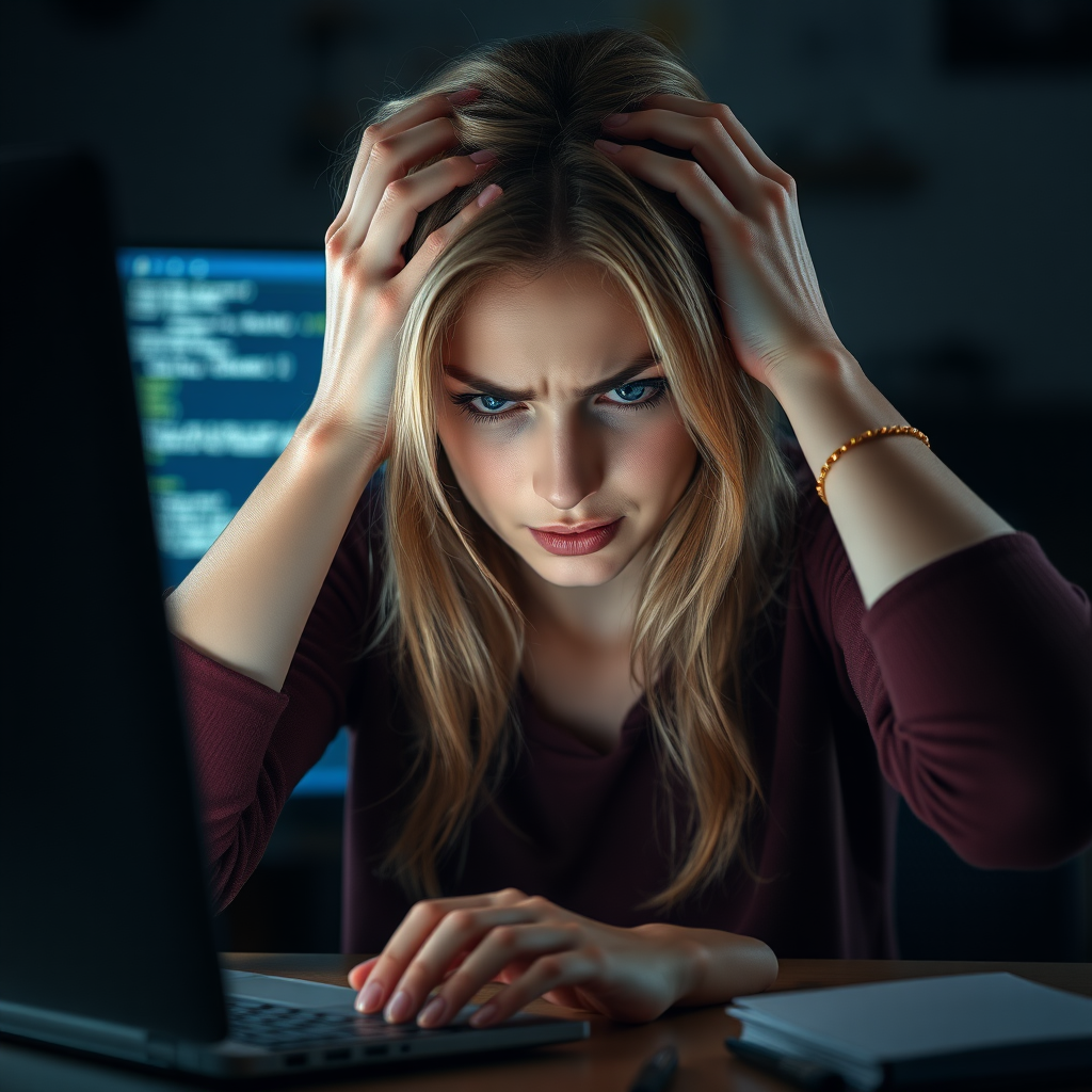 Create a detailed photo realistic scene of a desperate young nice bright blonde girl sitting in front of a computer. Her posture should reflect frustration, with her hands either on her face or gripping her head. Her surroundings are a typical home or office workspace, with dim lighting adding to the tense and stressful mood. The computer screen could show error messages, glitches, or something causing her distress. The woman’s expression should be a mix of anxiety, exhaustion, and very despair and sad and very angry with subtle attention to facial details like furrowed brows or clenched jaws.