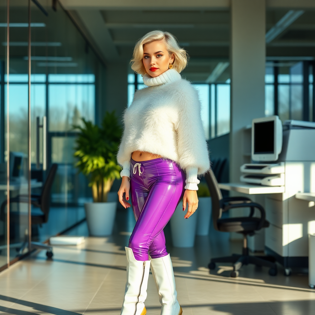 Sunny spring morning, modern glass-steel-concrete office, standing gracefully at Xerox: Nina, 17 years old very convincing femboy, tamed servile docile, very beautiful feminine flawless face, rather short, by hormones very curvaceous womanly figured, platinum blond short tight curls, French nails, bold red lips, heavily made-up face, wearing Supertanya-style fluffy very fuzzy bright white angora extremely cropped turtleneck-poncho fully barely covering bust, purple shiny vinyl leggings, white boots with golden high heels, white pearl belly piercing, gold earrings, seductively looking at camera. Full view.