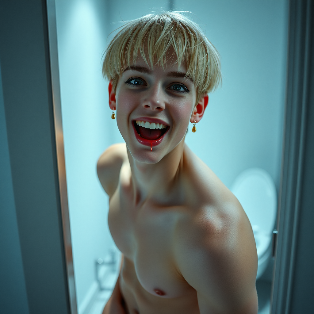 photorealistic, ultra high resolution, 16K, surreal fantasy, studio lighting, a pretty 16 year old goth boy, slim male physique, short blonde hair, goth makeup, earrings, pantyhose, white ballet shoes, in the bathroom, excited smile, facing the camera, drooling from his mouth