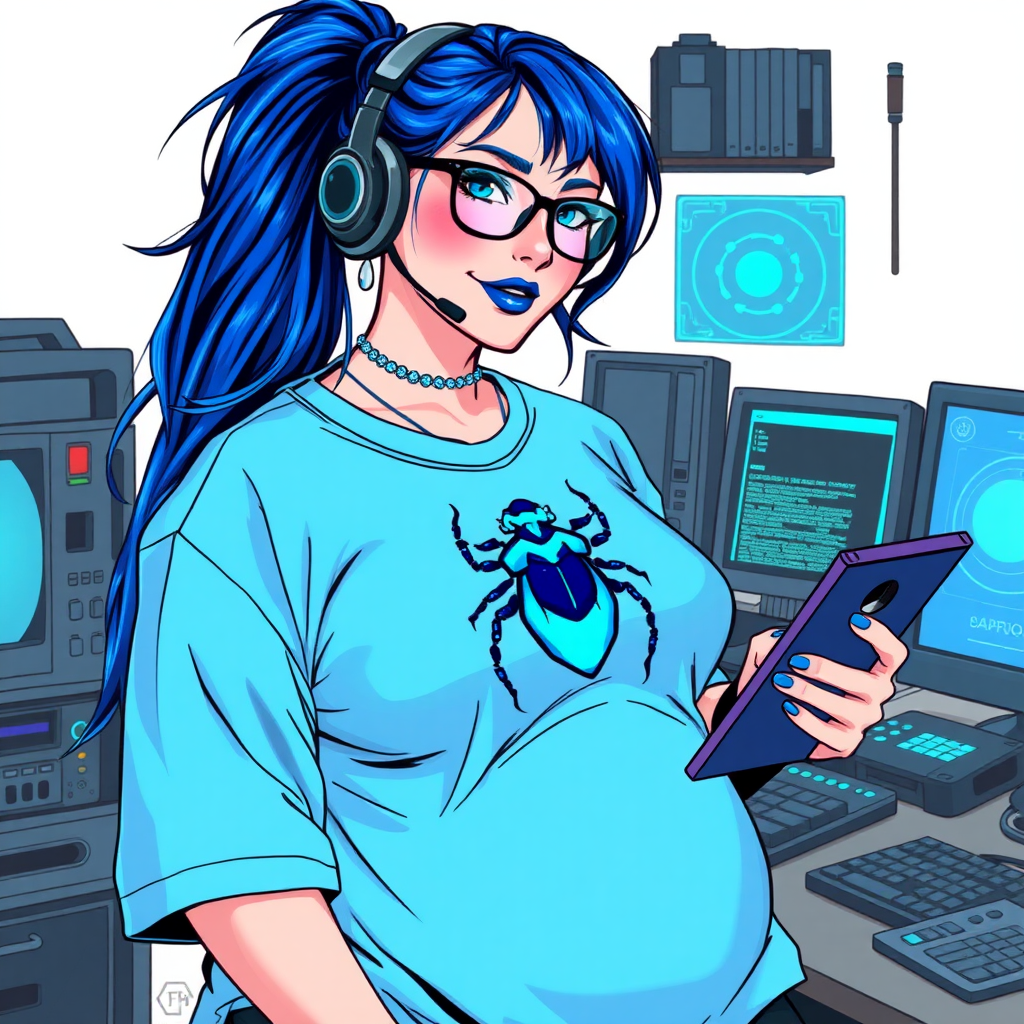 A cyberpunk vigilante’s full-figured intelligent and tech-savvy 28-year-old girlfriend, who is a computer hacker and tech genius. She has a long maximum blue ponytail. She wears maximum blue lipstick, blue eyes, a sapphire beetle gemstone necklace, sapphire earrings, black eyeglasses, and an oversized maximum blue t-shirt featuring a blue sapphire gemstone crusted chest icon of a beetle. She has a full-figured physique with a prominent, round belly, reflecting her well-cared-for lifestyle. She sports a sapphire headset with a hi-tech maximum turquoise lensed HUD, and a shy smile with a neon red blush. She serves as his tech expert from his hideout, diligently working at her workbench and computer desk, while holding an electronic wrench and a holographic computer tablet. The background is solid white. She is drawn as if she was in a retro 2D cyberpunk fighting game. Ensure her maximum blue t-shirt covers her belly.