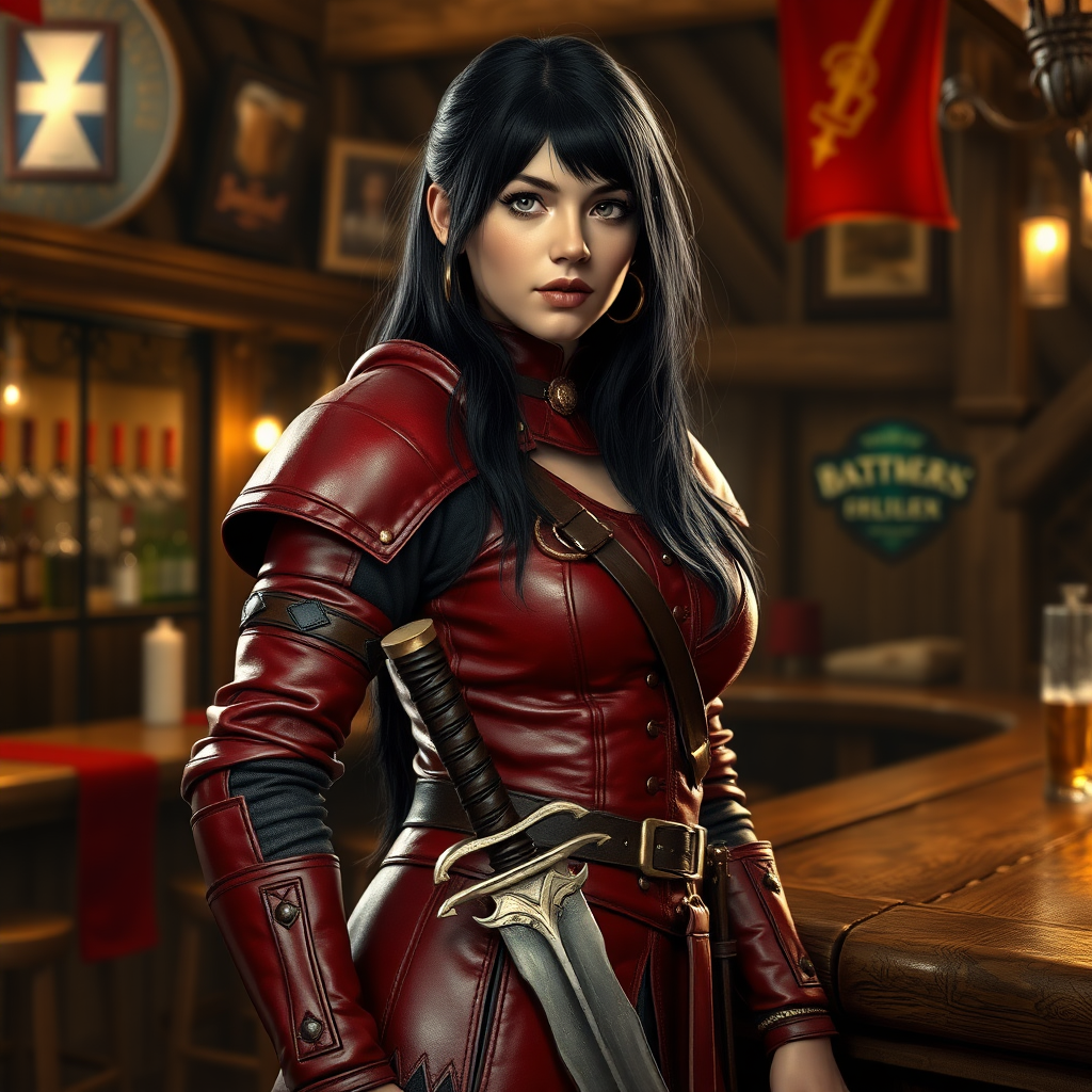 A photo realistic girl with black hair in red leather armor and wearing a sword in a scabbard on her belt standing at the bar in a medieval tavern