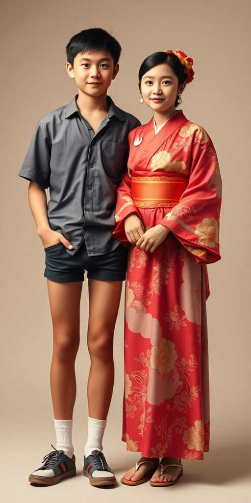 A 14yo teen boy, wearing shirt, tight booty shorts, tube socks, shoes, long legs, narrow thighs. With a girl wearing traditional floor long kimono. full-length view. studio background. Family photo. 1980s. 
photorealistic, ultra high resolution, 16K,
Negative: grainy, blurry, bad anatomy, extra limbs, watermark.