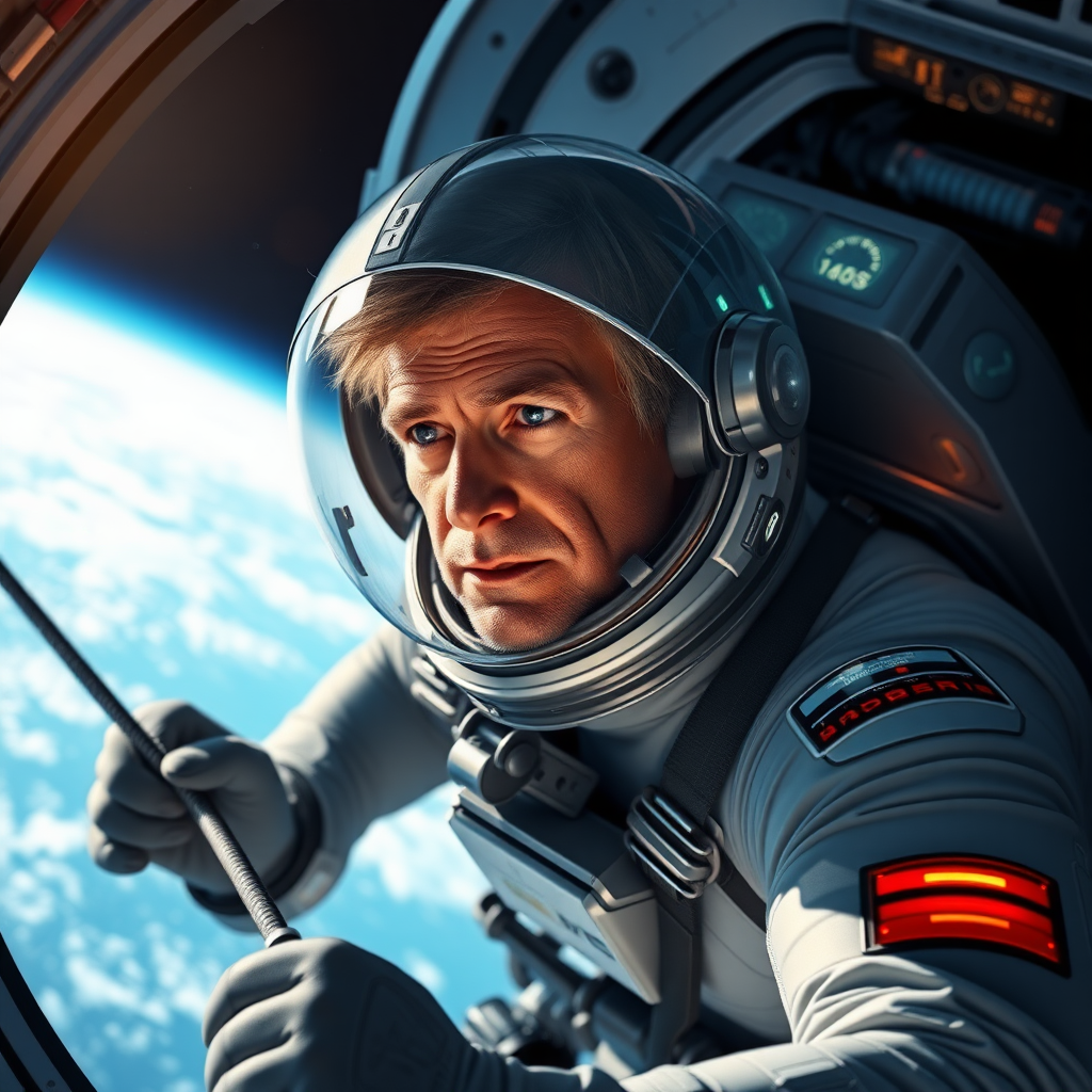 Depict Ryland Grace, a human astronaut from the book Project Hail Mary, floating outside of a futuristic spacecraft. He is wearing a sleek, modern space suit with a transparent helmet revealing his face, showing determination and intelligence. Grace is middle-aged with short, disheveled hair and a slightly rugged appearance, the result of his long journey in space. The suit is adorned with glowing indicators and advanced life-support systems. Ryland is in his suit outside the ship trying to pull himself back to the ship with a metal cable. The environment should evoke a sense of isolation in deep space, yet there is a focus on his critical task of saving humanity.