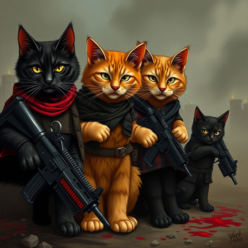 4 cats, 1 dark brown cat, 1 orange cat, 1 brown cat, 1 little black cat, they are all badass with gang clothes armed on a battlefield with blood.