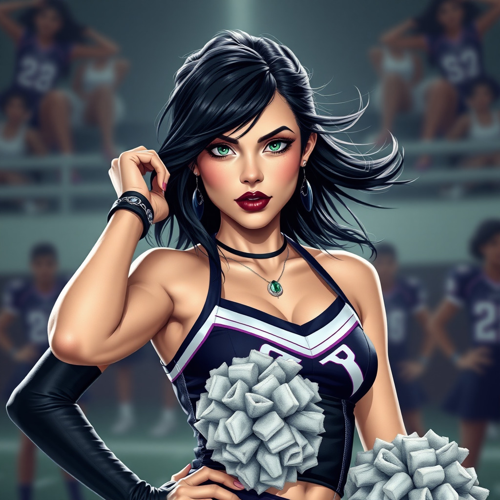 Juliet Starling is a short athletic goth and cheerleader of Santa Romero High. She has a very confident and seductive expression while posing for her team. Her black hair flows in the midwinter wind. Her green eyes shine like emeralds. Her black lips are alluring. Sweat drops are running down her pale skin.