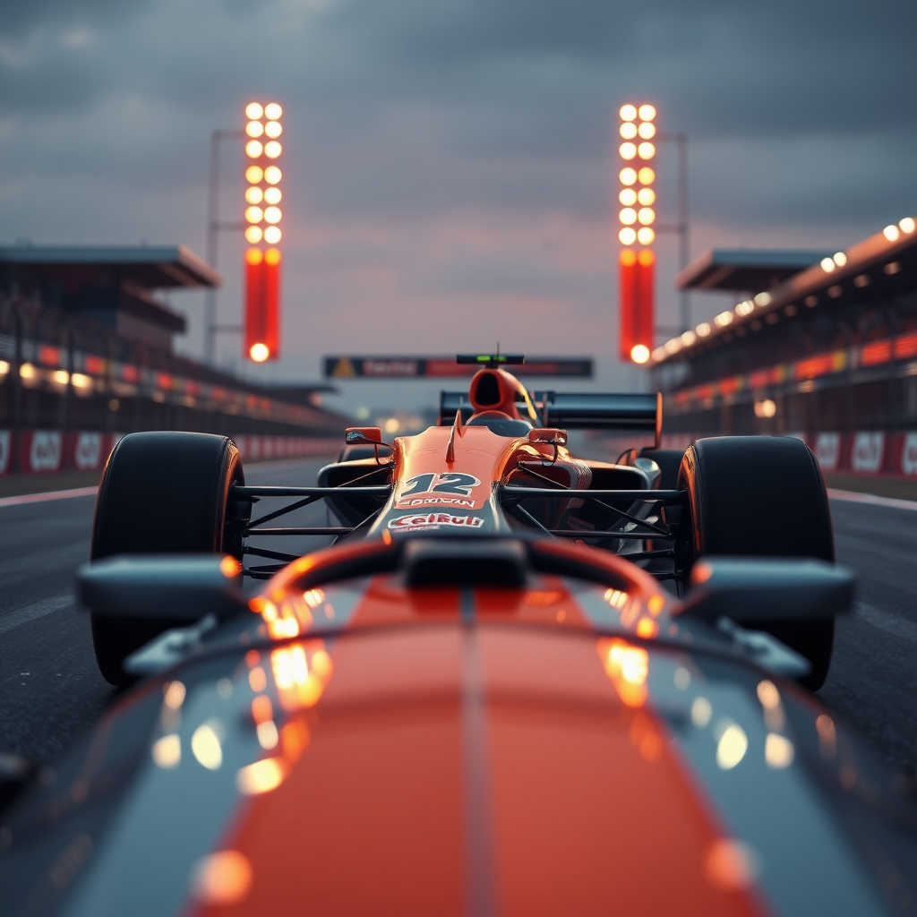 f1 mclaren car aesthetic cinematic photo in a race track