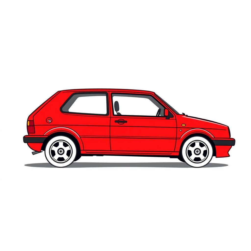 red vw polo II car, long establishing shot, 2D, caricature, cartoon, Sketch lines, coloring book, coloring book style on white background, well composed, clean coloring book page, No dither, no gradient, strong outline, No fill, No solids, vector illustration, realistic proportions, blueprint, left side view