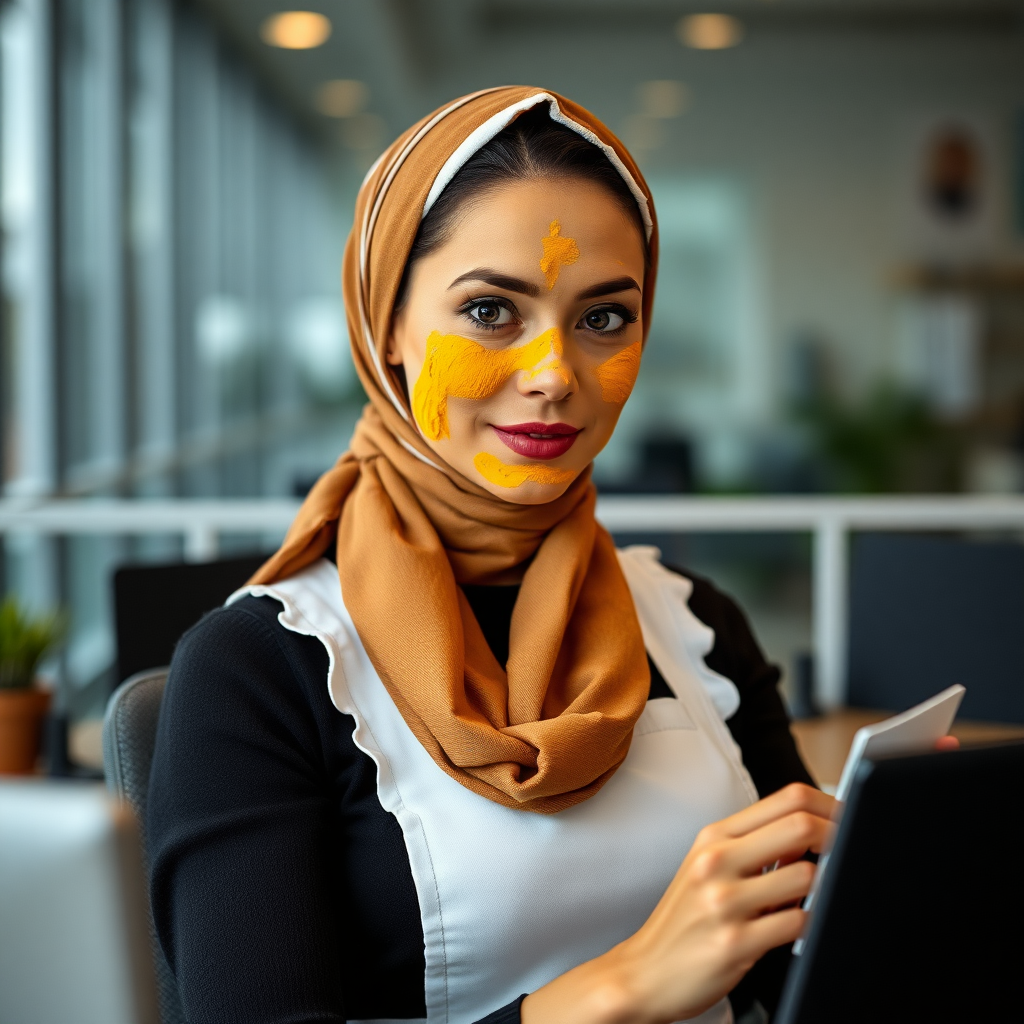 slim, modern, french maid, long scarf head, turmeric paste on face, working in office