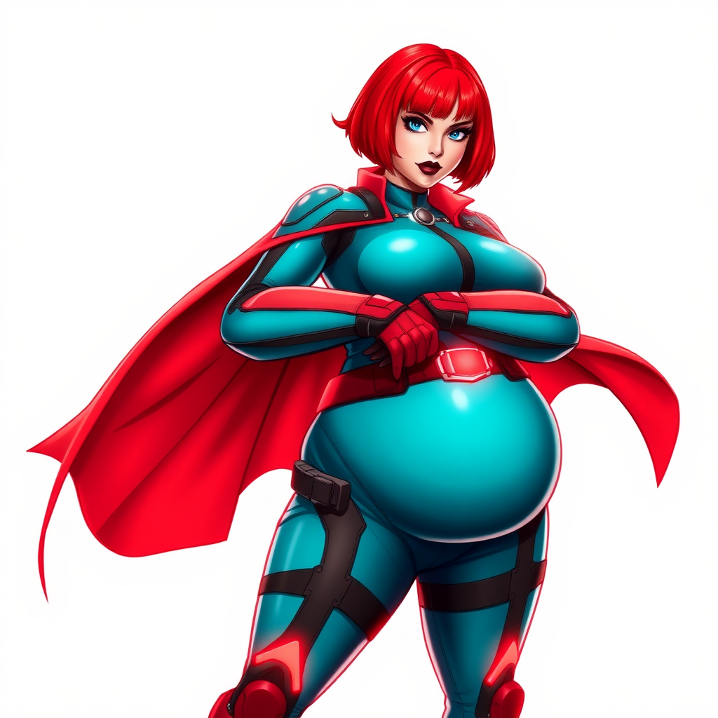 A 26-year-old, heavily-pampered, full-figured, mystical vigilante detective ally of her cyberpunk vigilante older brother figure with a bright red bob cut, black lipstick, and piercing bright blue eyes. She has a new non-athletic build, now highlighted by a prominent, round, gargantuan midsection (with full emphasis on her gargantuan belly), which shows the aftermath of her pampering. Despite her new physique, she displays her usual confidence. She wears a huge, high-tech, tight-fitting, maximum turquoise biker suit (accentuating and emphasizing her gargantuan belly), complemented by a glowing neon red cape and high-tech red gloves. Her stance is firm and resolute, arms crossed, exuding a no-nonsense attitude. Her costume reflects the influence of DC New 52 Prime Earth’s Phantom Lady, Jennifer Knight, while her pose embodies the moral ambiguity and determination reminiscent of DC’s Pax Americana’s The Question. She is on a solid white background. She is drawn as if she was in a retro 2D cyberpunk fighting game. She is clearly non-athletic, with a focus on her full-figured physique. Her belly is fully bloated to emphasize her non-athletic figure. Make sure that her biker suit covers all of her bare skin (especially her gargantuan midsection).