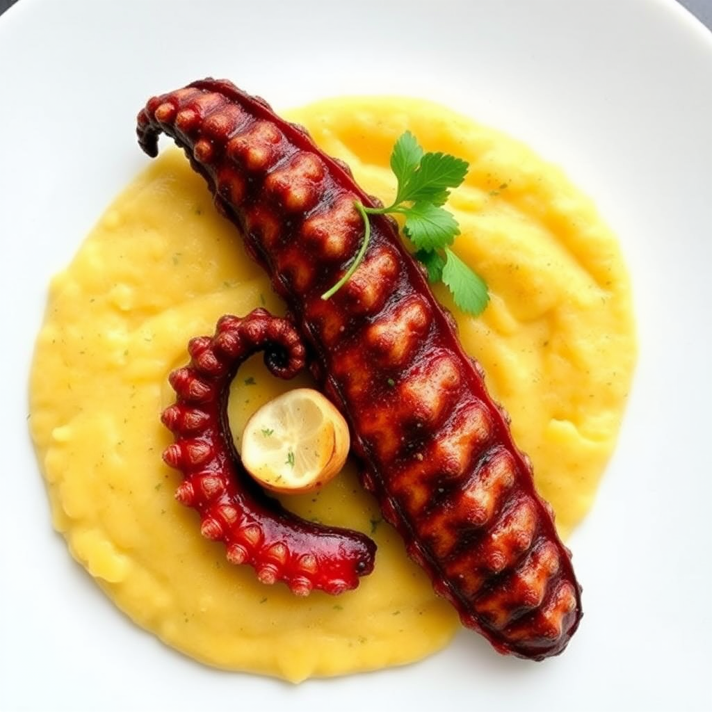 Plante with polenta and grilled octopus