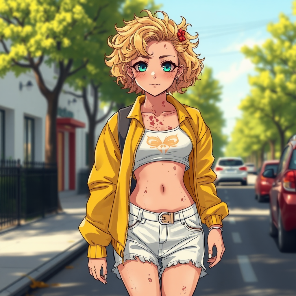 Realistic drawing style image, Extremely good quality 8k resolution drawn manga image of a 15 year old petite and short tomboy girl with golden blonde curly hair with mixed and different colored eyes for each eye and moles on her entire body and is a white American girl, Has on a Gold Jacket over a white extremely short crop top only covering her breasts and nothing more with a design on it, and has on ripped shorts and cool looking sneakers and a deep and big knife cut wound on her stomach from a huge injury she had, with a bright color backpack, ear piercings on, walking on the street to school in the morning with the beautiful sunlight lighting up her body beautifully with no tattoos.