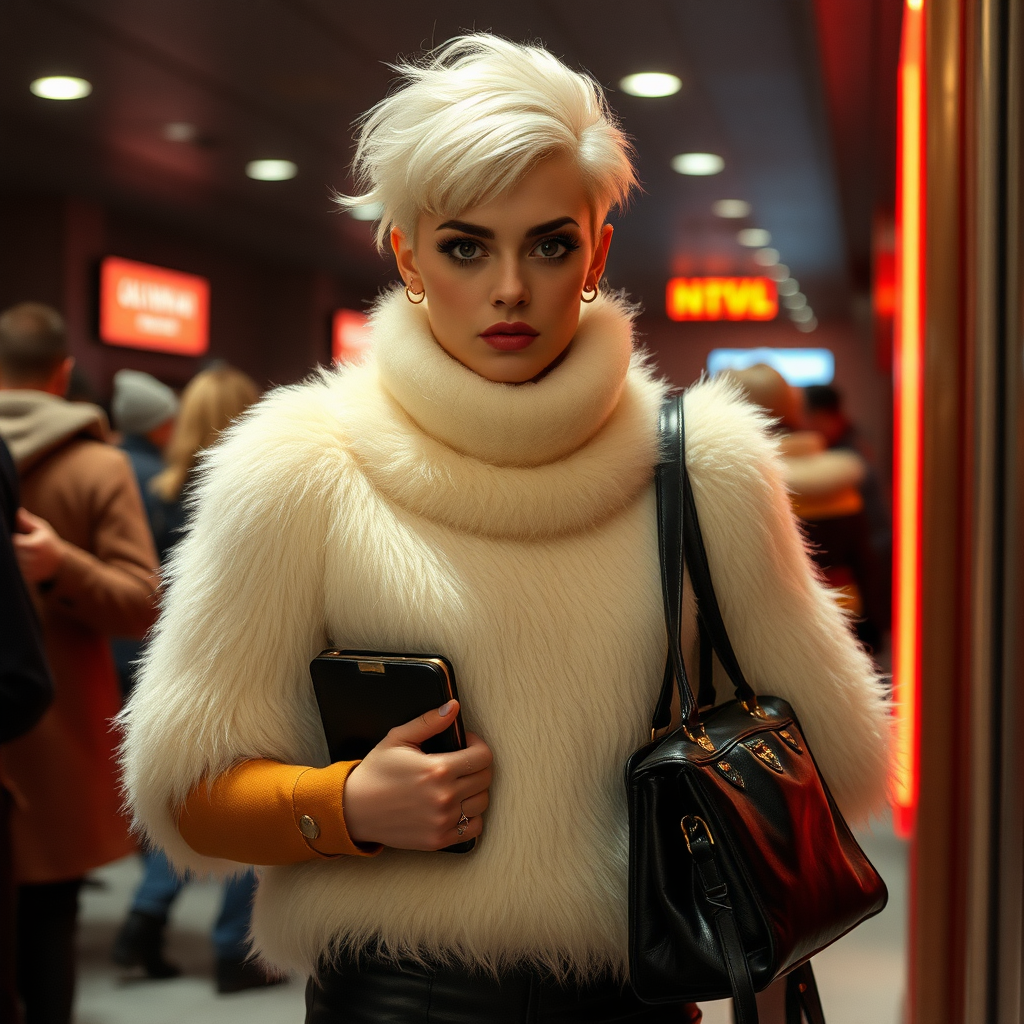 1990 winter evening, crowded cinema lobby: Sam, 19 years old beautiful involuntary femboy, rebellious intractable character, petite boyish figure, platinum blond boyish rebel punk hairstyle, flawless heavily made-up face with sharp arched tattooed eyebrows, wearing Supertanya-style fluffy very fuzzy bright white angora turtleneck-poncho fully covering body and arms, black leather high-heeled thigh-high boots, gold earrings, puzzled alarmed, black leather handbag, pout serious, impatiently waiting for her master. Focus on Sam’s face and turtleneck-poncho.