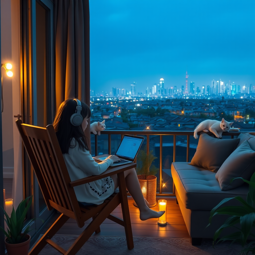 “A girl is sitting on a wooden chair on a cozy balcony at night, wearing headphones, working leisurely on her laptop on her desk. Next to her, a cat is resting peacefully on the balcony window. The balcony is decorated with plants, lights and a sofa with pillows, creating a calm and inviting atmosphere. The rural city skyline in the background adds a touch of city life to this tranquil setting.”