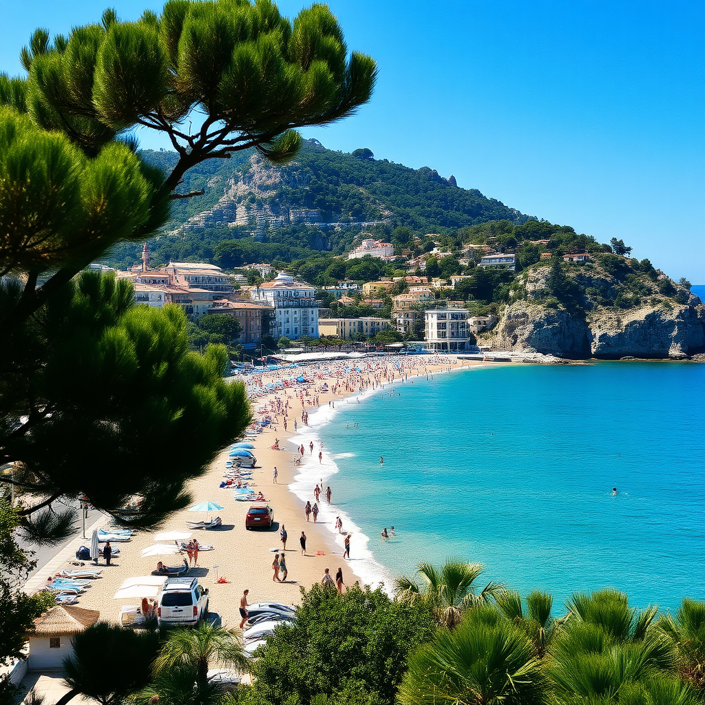 a busy beach somewhere in europe in the sunshine