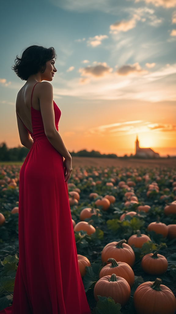 On the left, a beautiful model wearing a long red dress, with short, curly black hair styled in layers, and 12 cm high heels, in the background a field of large orange pumpkins, in the distance a Venetian village with a farmhouse and a small church, a sunset sky with the sun and white clouds.