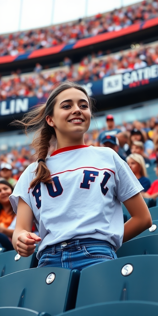 Attractive female NFL fan, cheering, pigtail hair, crowded stadium bleacher row, bottom angle shot