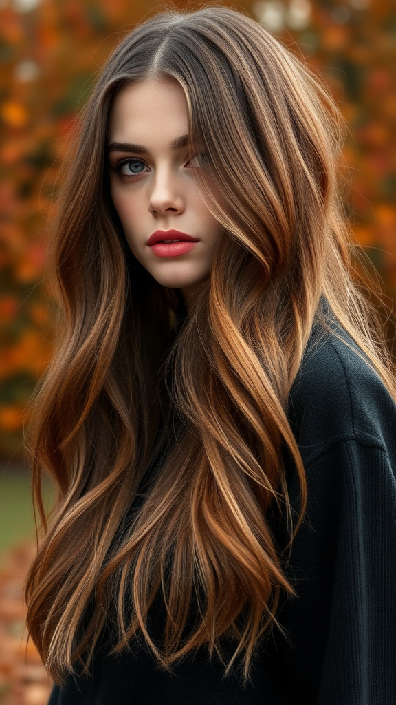 Cara Delevingne long layered hair with autumn chestnut foliage, in high definition.