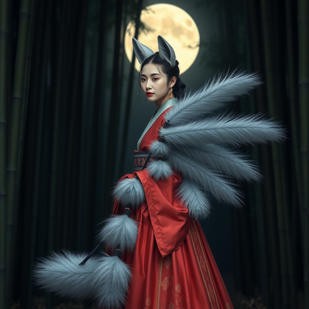 A Korean kitsune Woman in an ancient Hanbok with nine one meter long silver bushy foxtails that comes off her middle ass, in front of the full moon in a bamboo forest.