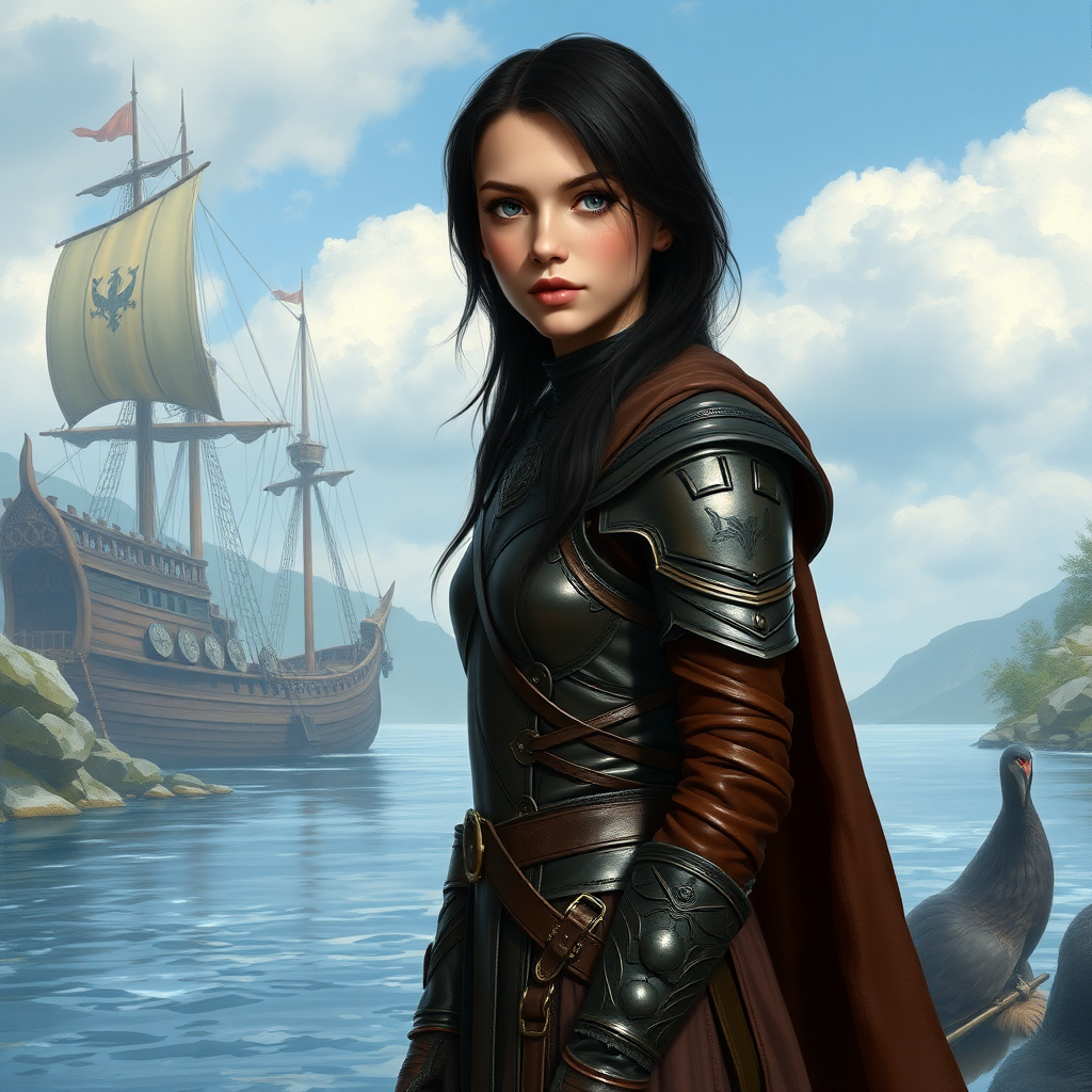 beautiful young woman, dark hair, past her shoulders, blue eyes, small, slim figure, wearing full leather armor suit, long cloak, with a large, wooden ship in a large river below.