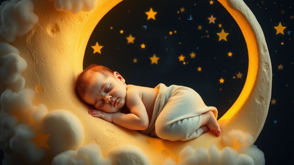 Sleeping baby on moon and stars around