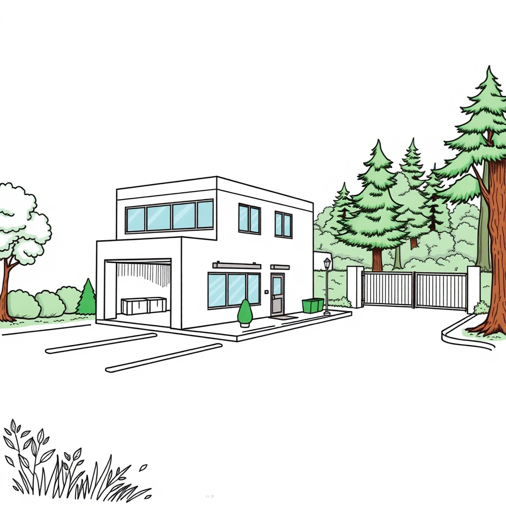 small 2 storeys office building with semi open garage on the left in the foreground, small company parking lot on the left, borders, trees, wood outskirt on the right, company gate in the back, colorfoul long establishing shot, 2D, caricature, cartoon, Sketch lines, coloring book, coloring book style on white background, well composed, clean coloring book page, No dither, no gradient, strong outline, No fill, No solids, vector illustration, realistic proportions, left side view