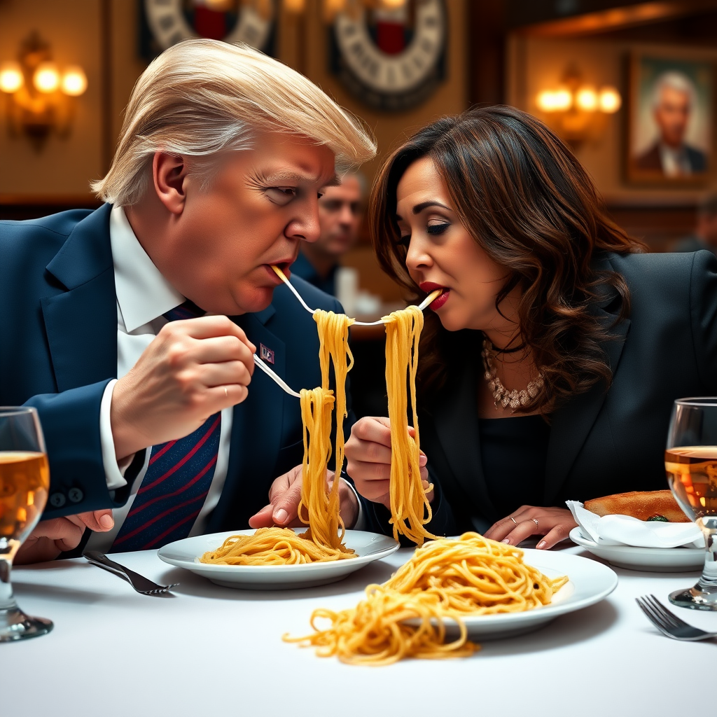 Photoreal style. ratio: 16:9. Donald Trump and Kamala Harris eating in an Italian restaurant a la the one in 'Lady and the Tramp.' Both humans are eating spaghetti from the same plate, and like in the movie, they end up eating the same strand of pasta, making their heads close to each other.