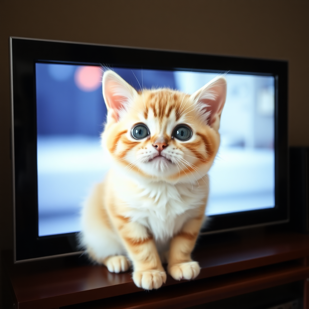 A chubby little cat in a large LCD TV screen, so cute!