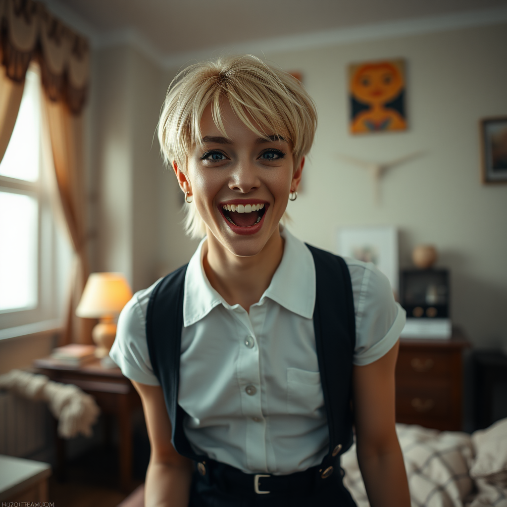 photorealistic, ultra high resolution, 16K, surreal fantasy, soft studio lighting, a pretty 16 year old goth male, slim male physique, short blonde hair, goth makeup, earrings, sheer pantyhose, UK girls-school uniform, Mary-Jane shoes, in the bedroom - excited smile, facing the camera.