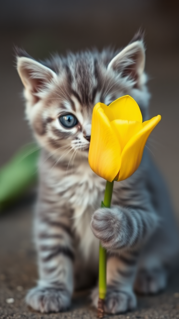 A gray kitten is holding a yellow tulip.