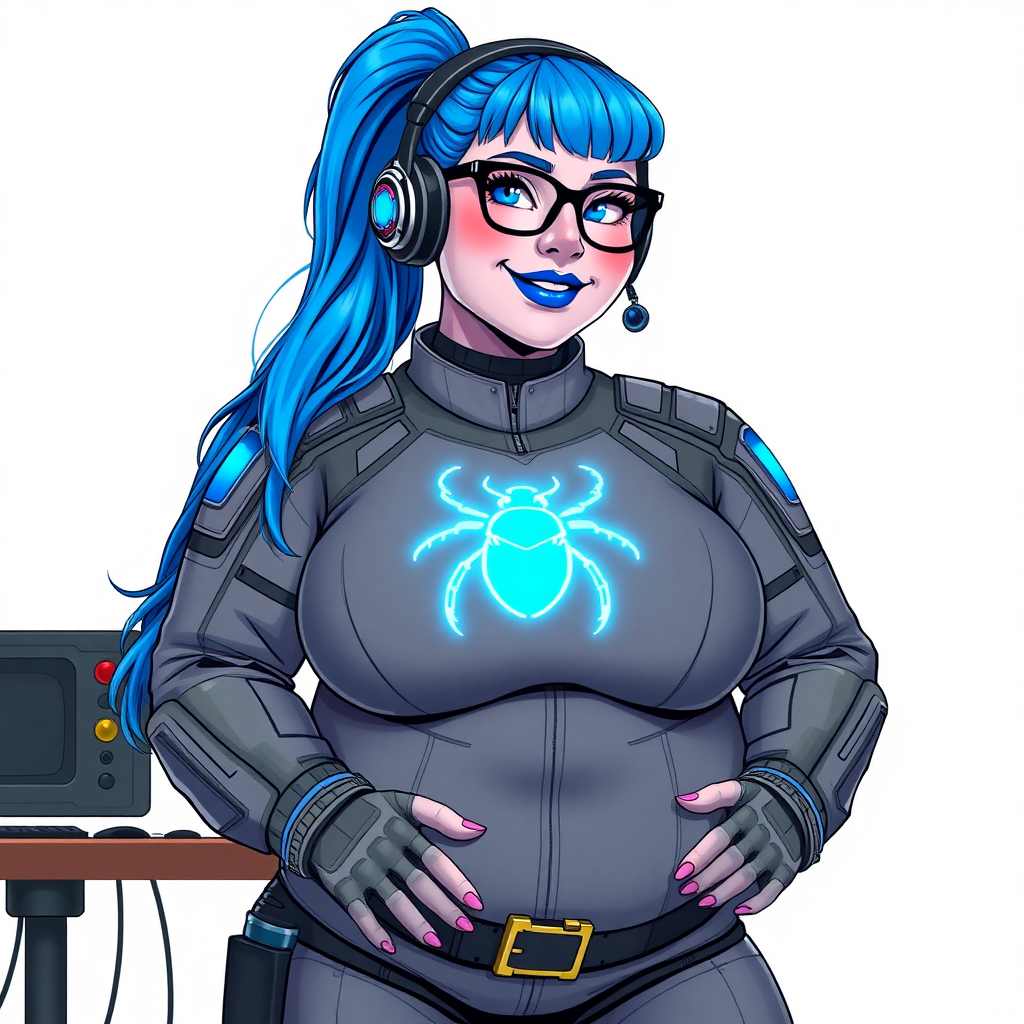 A nerdy, full-figured middle gray-skinned 29-year-old computer program hybrid with a long, maximum blue ponytail. She wears maximum blue lipstick and has bright blue eyes. Her outfit includes a digital, computerized, middle gray biker suit featuring a neon blue glowing beetle chest icon. She sports a sapphire headset and black eyeglasses, with a lovestruck smile and neon red blush. Her full figure reflects the doting care of her vigilante boyfriend. As his tech expert, she works diligently at her lab table in their hideout. The background is solid white. She has a prominent, round, gargantuan midsection, thick limbs, and broad shoulders. Her middle gray metallic skin highlights her digital nature. The biker suit blends with her middle gray skin appearing to merge together as computer data. She is drawn as if she was in a retro 2D cyberpunk fighting game.