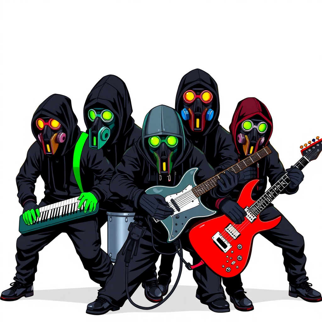 A rock band-themed group of cyberpunk anarchist vigilantes wearing black tactical hoodies and color-coded gas masks. Each member has a unique mask color and instrument:

Maximum Yellow: Hypnotic Keyboardist  
Maximum Green: Seismic Drummist  
Maximum Blue: Electrokinetic Guitarist  
Maximum Red: Sonic Lead Vocalist  

The scene should capture their rebellious and intense energy, with each member in a dynamic pose, ready to unleash their musical and anarchistic powers. They are on a solid white background. They are drawn as if they are in a retro 2D cyberpunk fighting game.