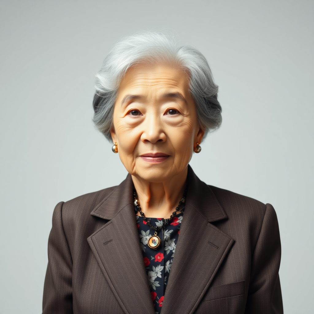 70 age old korean woman, front, woman suit, photo studio background