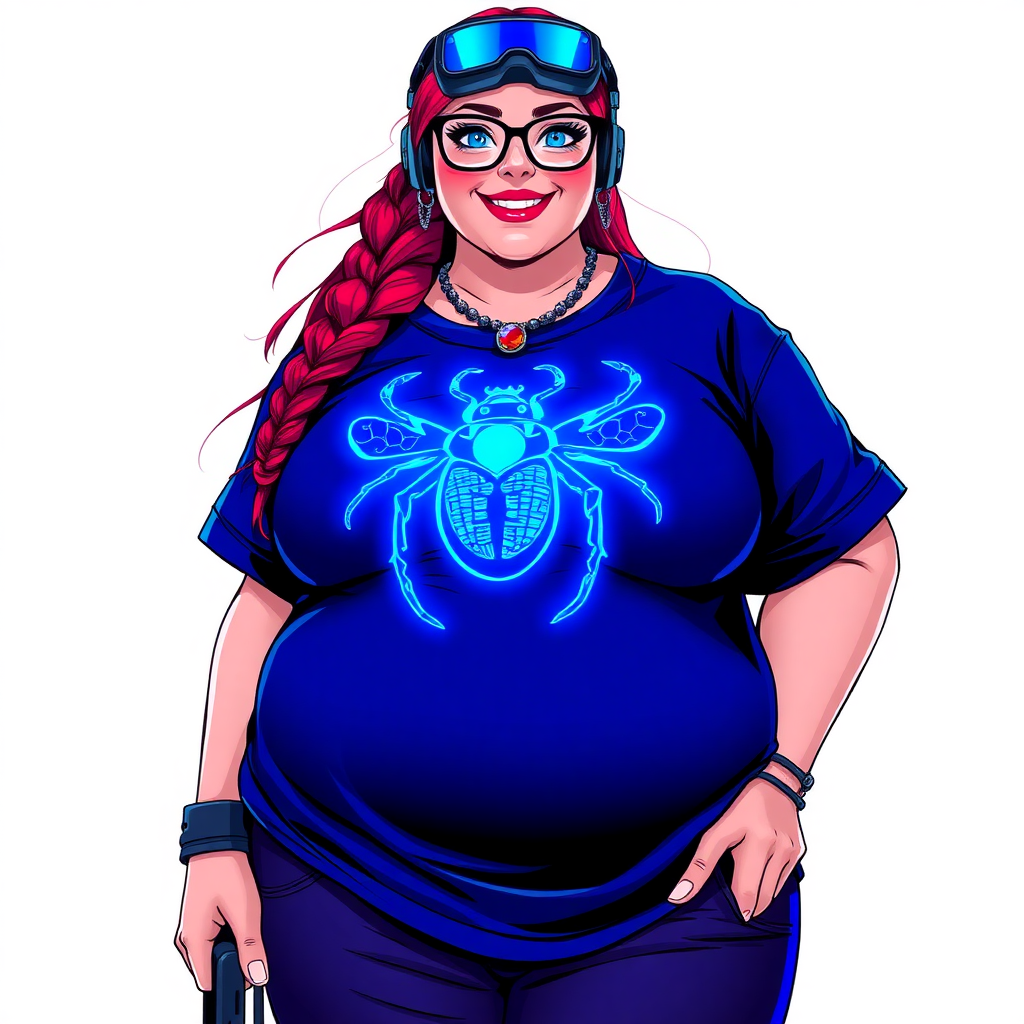 A cyberpunk vigilante’s fat intelligent and tech-savvy 29-year-old girlfriend, who is a computer hacker and tech genius. She has a long ruby red ponytail and bright blue eyes. She wears a sapphire beetle gemstone necklace, and an oversized Maximum Blue (RGB 71, 171, 204) t-shirt featuring a giant neon blue glowing icon of a beetle on its chest. She has a full-figured physique with a prominent, gargantuan, round midsection, reflecting her well-cared-for lifestyle. The midsection is heavily emphasized. She sports a sapphire headset with hi-tech Maximum Blue (RGB 71, 171, 204) lensed HUD visor, Maximum Blue (RGB 71, 171, 204) lipstick, black eyeglasses, and a beaming smile with a passionate bright red blush. Despite her figure and a lack of self-esteem, she radiates an air of beauty. She has an angular face which contributes to her radiant beauty. She serves as his tech expert from his hideout, holding a holographic tablet and a hi-tech tool wrench. The background is solid white. She is drawn as if she was in a retro 2D cyberpunk fighting game. Make sure her shirt covers her round midsection.