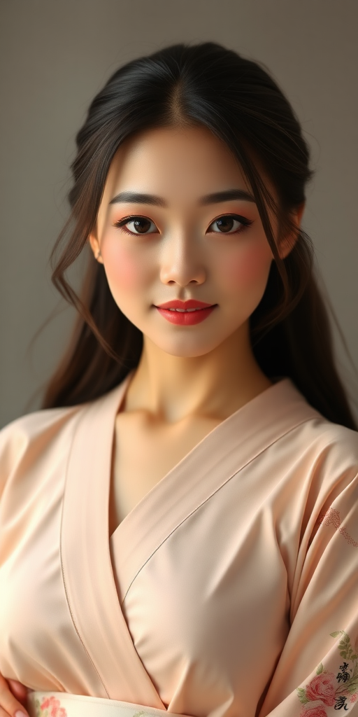 A young Japanese woman, beautiful, with a full figure, a melon seed-shaped face, small eyes, embodying Eastern feminine beauty.