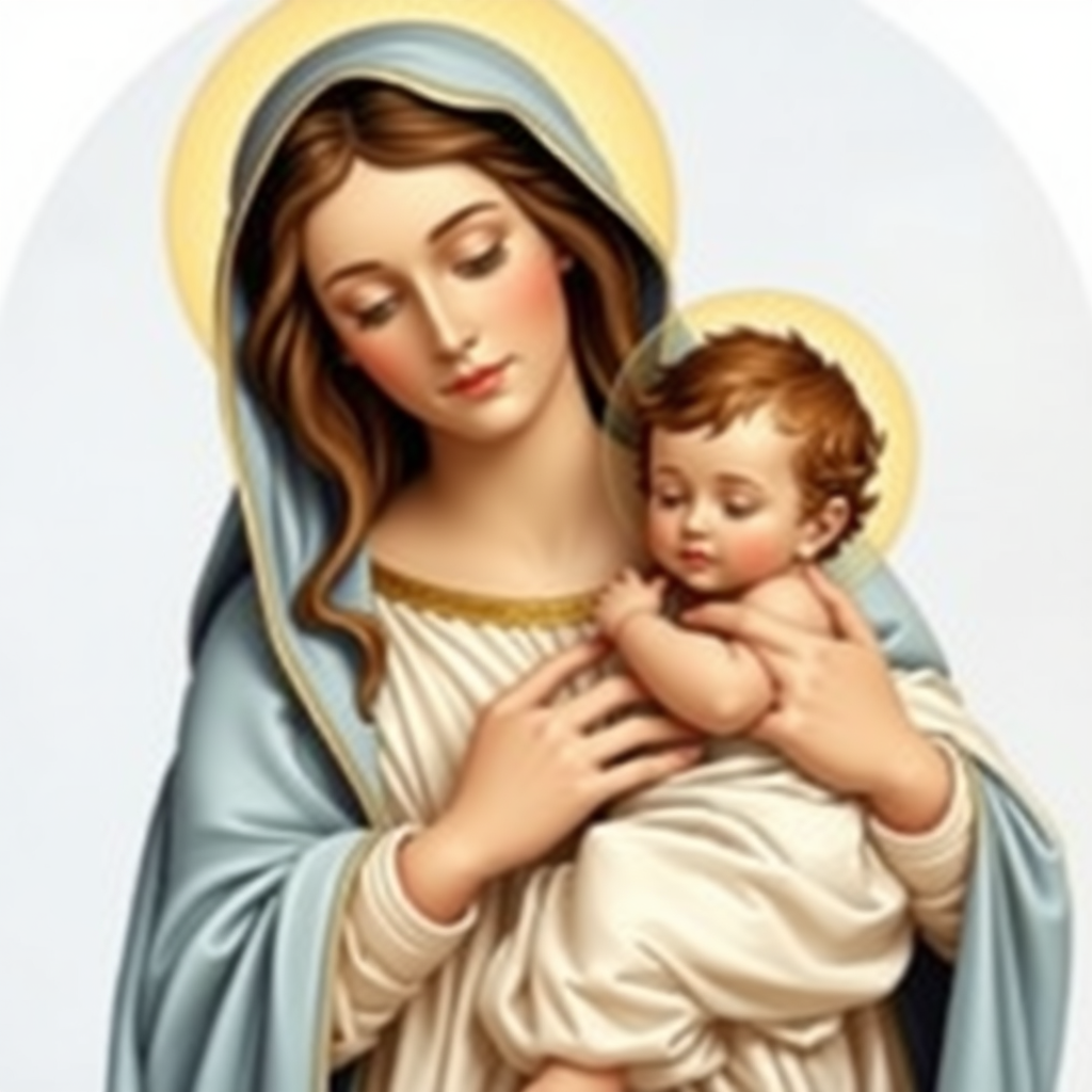 Beautiful Madonna dressed in light blue and white in a long dress, holding the child Jesus in her arms.