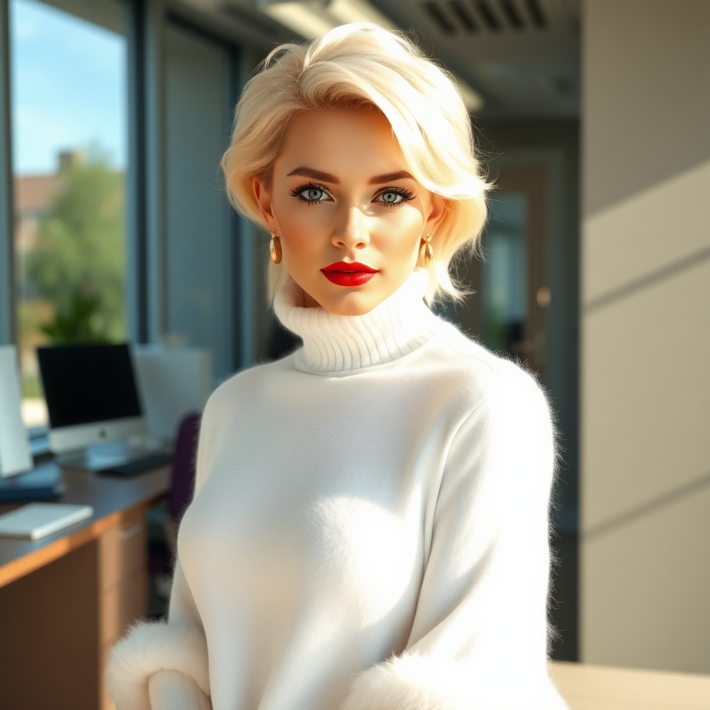 Sunny spring morning, modern glass-steel-concrete office, standing gracefully at Xerox: Nina, 17 years old very convincing trainee-femboy, tamed servile docile, very beautiful feminine flawless face, rather short, by hormones very curvaceous womanly figured, platinum blond short tight curls, French nails, bold red lips, heavily made-up face, wearing Supertanya-style fluffy very fuzzy bright white angora thigh-length figure-hugging turtleneck-poncho very tight thick hemline, opaque pantyhose, purple shiny vinyl boots with golden high heels, gold earrings, seductively looking at camera. Focus on face and turtleneck-poncho.