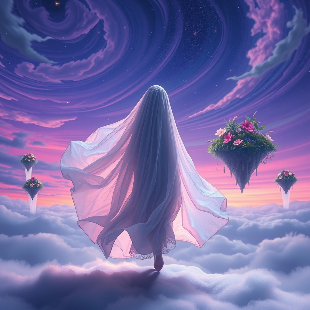 In a surreal dreamscape where reality blends seamlessly with fantasy, a solitary girl appears, enveloped in an oversized garment that seems to swallow her petite frame whole. Her flowing dress, reminiscent of a cascading waterfall, flows gracefully around her, the fabric appearing both fluid and ethereal, weaving an intricate pattern of shimmering iridescent hues—each shift revealing deep shades of azure, lavender, and rose that echo the vibrant colors swirling in the twilight sky above.

As she glides forward, her dress catches the gentle whispers of a soft breeze, causing it to billow and dance dramatically, drawing momentary attention from the swirling clouds and twinkling stars that adorn the sky. The fabric, delicate as gossamer, catches the light, sparkling with an otherworldly luminescence, creating an enchanting spectacle that captivates the viewer's imagination.

The dreamscape around her is alive with wonder—a serene blend of floating islands draped with lush greenery and luminescent flora, their petals glimmering softly against the backdrop of a violet-hued horizon. Ethereal sounds, like the faint chime of distant bells or the soothing rush of cascading water, fill the air, adding to the ambiance of this magical realm.

Despite the breathtaking beauty surrounding her, an intriguing sense of solitude grips the girl, her hidden presence evoked by the shroud of her flowing dress. She moves with a fluid grace, her footsteps barely making a sound against the soft, cloud-like ground, leaving only fleeting impressions as she navigates through this surreal realm. As she glances up, starry eyes reflecting the glimmers of the cosmos fill with curiosity and longing, hinting at untold stories woven within her journey.