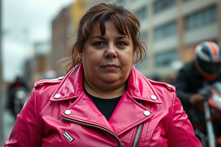 35 year old woman, fat face, pink shiny pvc biker jacket