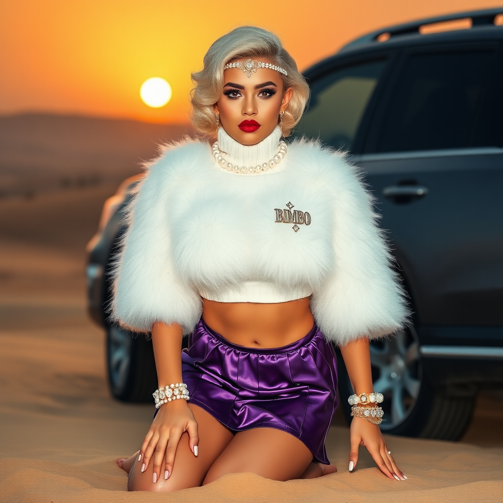 Kuwait desert dunes misty dawn, full size luxury SUV: Melissa, European 17 years old very convincing femboy “trophy-bimbo”, tamed servile docile, very beautiful feminine flawless face, rather short, by hormones very curvaceous womanly figured, platinum blond short tight curls, bold red lips, long white French nails, heavily made-up face, wearing Supertanya-style fluffy very fuzzy bright white angora turtleneck-poncho cropped ending under bust decorated with pearls and glass stones, very tight purple vinyl mini pleated skirt, white pearl belly piercing, full Oriental bridal jewelry including headpiece, coin wristlets, coin anklets, striking diamond “Bimbo” letter brooch on left chest, pout frustrated, kneeling in sand in front of SUV, looking at camera. Focus on face and turtleneck-poncho.