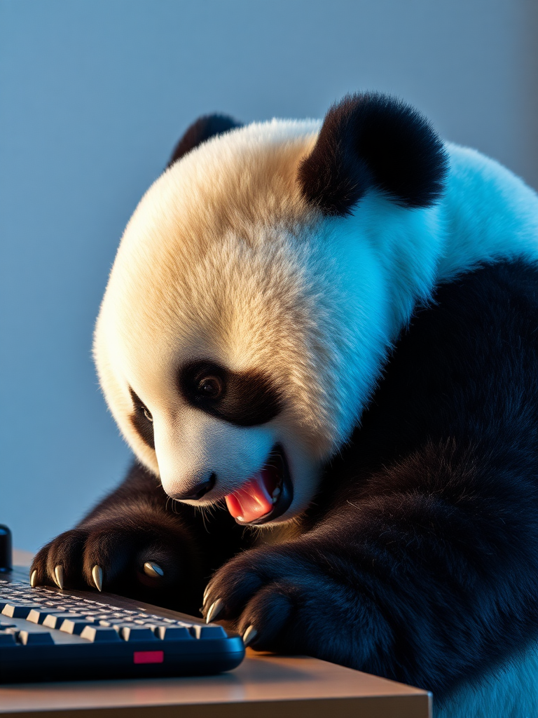 A photo realistic picture of a panda bear eating a computer keyboard.