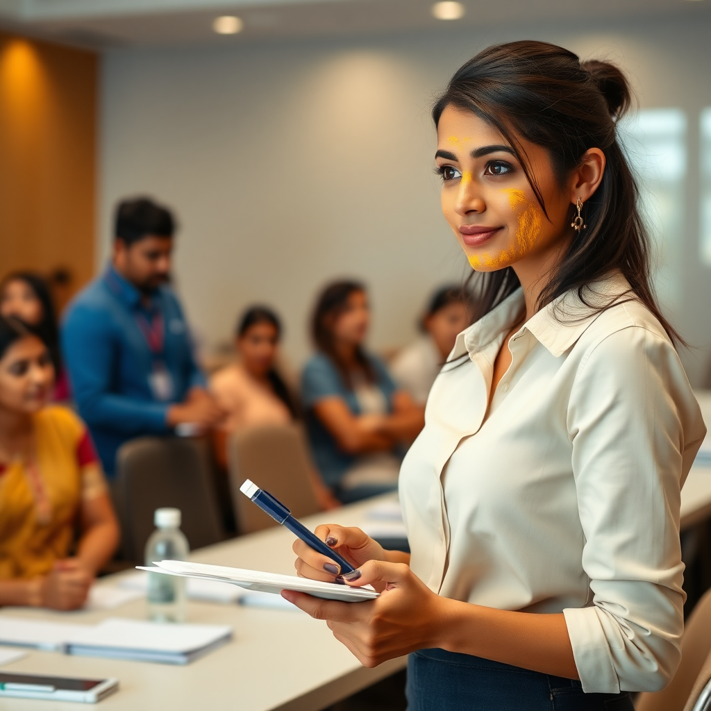 slim, 30 year old, modern indian office secretary, turmeric paste on her face. she is standing in a conference room full of people and taking notes.