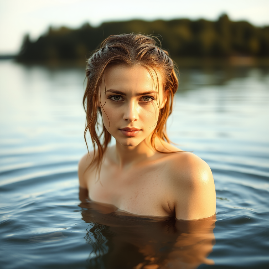 a young european woman just coming out of a lake. she has wet hair. photo