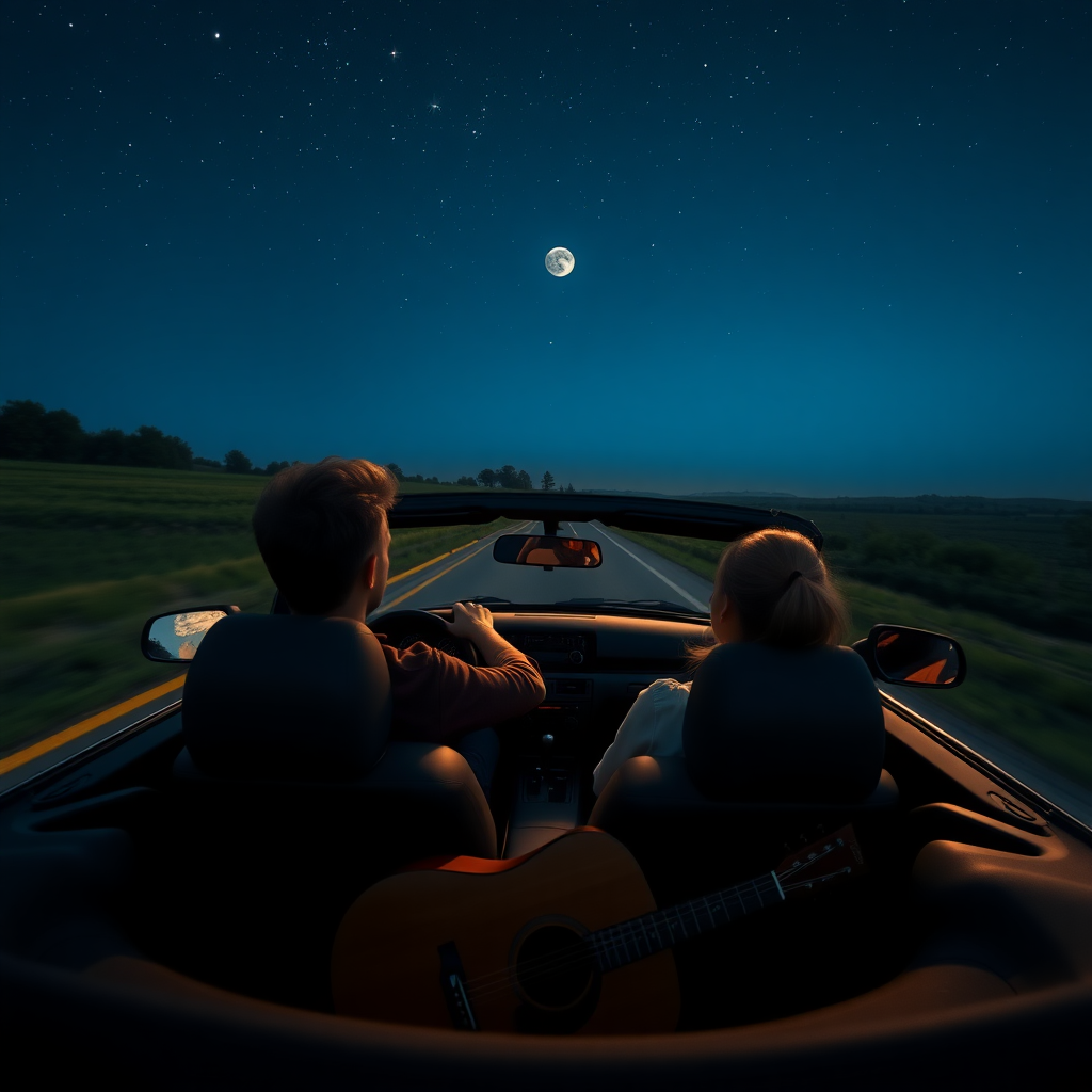 An image of a young couple driving down country roads in the middle of the night with the moon out and the stars above in their convertible car with the top down. The guy is in the driver's seat. The woman in the passenger seat. There is a guitar in the back seats.