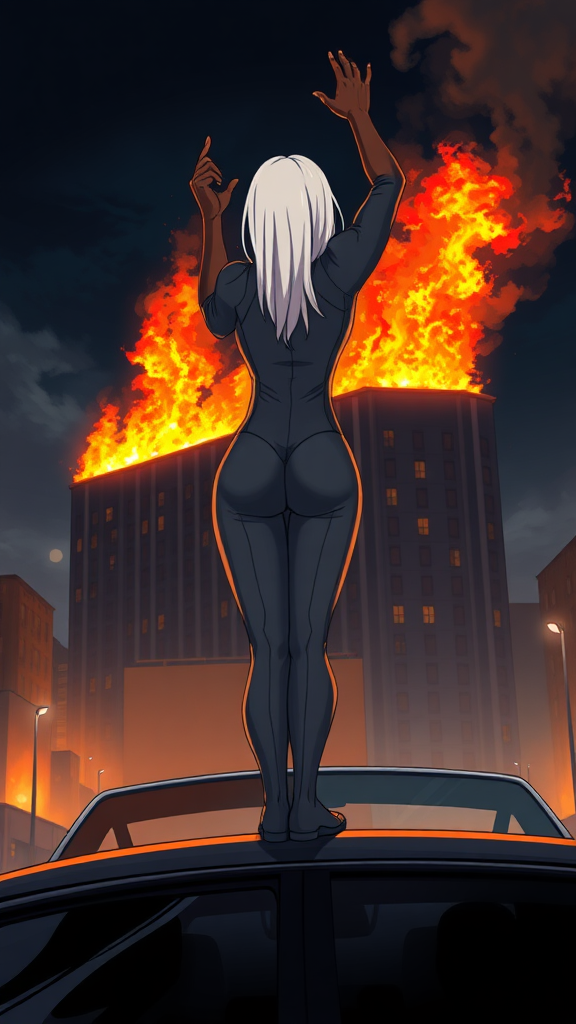 A anime drawing: A close up-cropped view one-piece tight-grey suit baddie-white long blond standing on top, legs split out on top of a car, looking front-facing backside, behind a building completely on fire at night afar, hands of black African-fist raised in the air